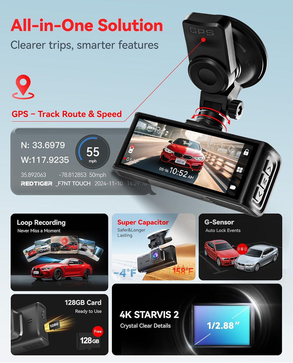 REDTIGER 4K STARVIS 2 Dashcam Front Rear, 5GHz WiFi 20MB/s, Free 128GB Card