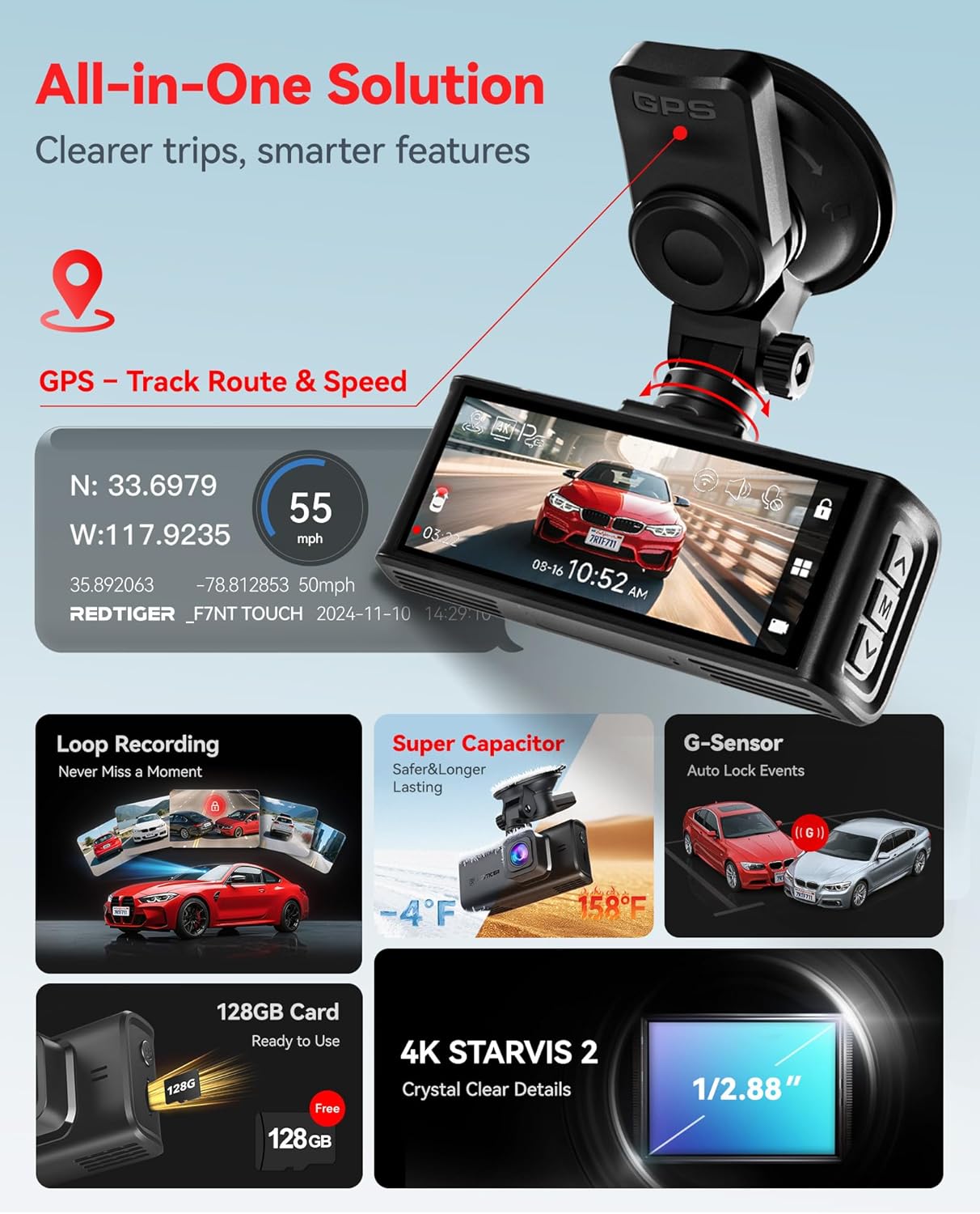 REDTIGER 4K STARVIS 2 Dashcam Front Rear, 5GHz WiFi 20MB/s, Free 128GB Card