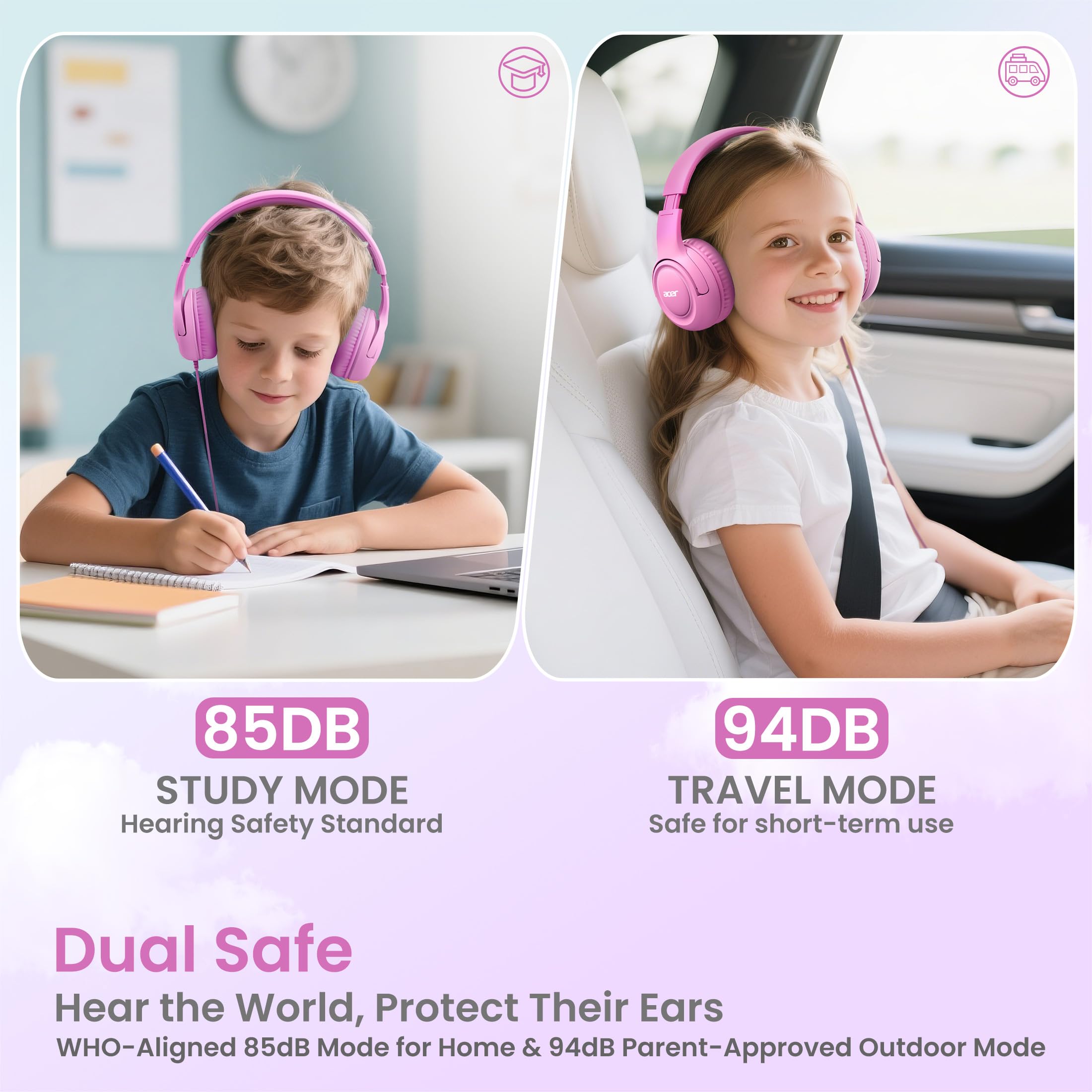 Acer Kids Headphones for School, 85-94dB Limiter, 3.5mm Jack, w/Mic HK03