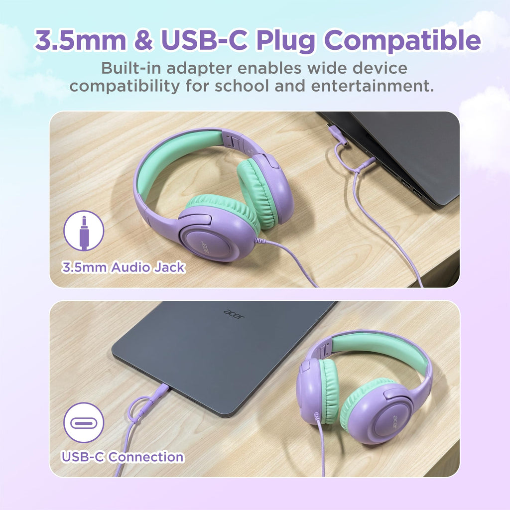 Acer Kids Headphones for School, 85-94dB Limiter, 3.5mm Jack, w/Mic HK03
