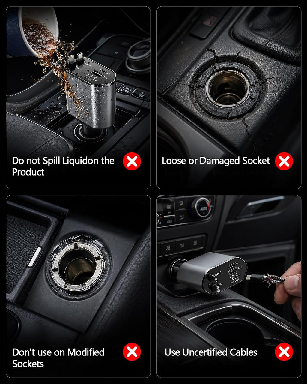 Retractable Car Charger,4 in 1 Fast Charging Car Charger with USB-C & USB-A