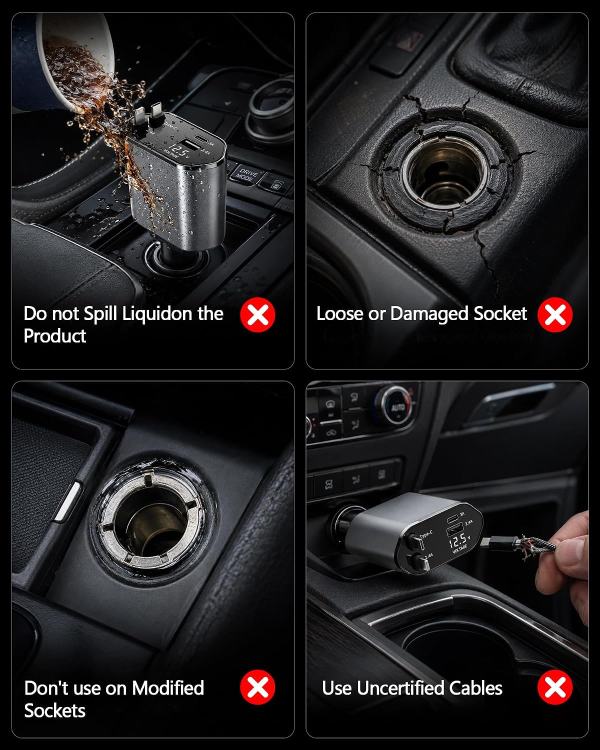 Retractable Car Charger,4 in 1 Fast Charging Car Charger with USB-C & USB-A