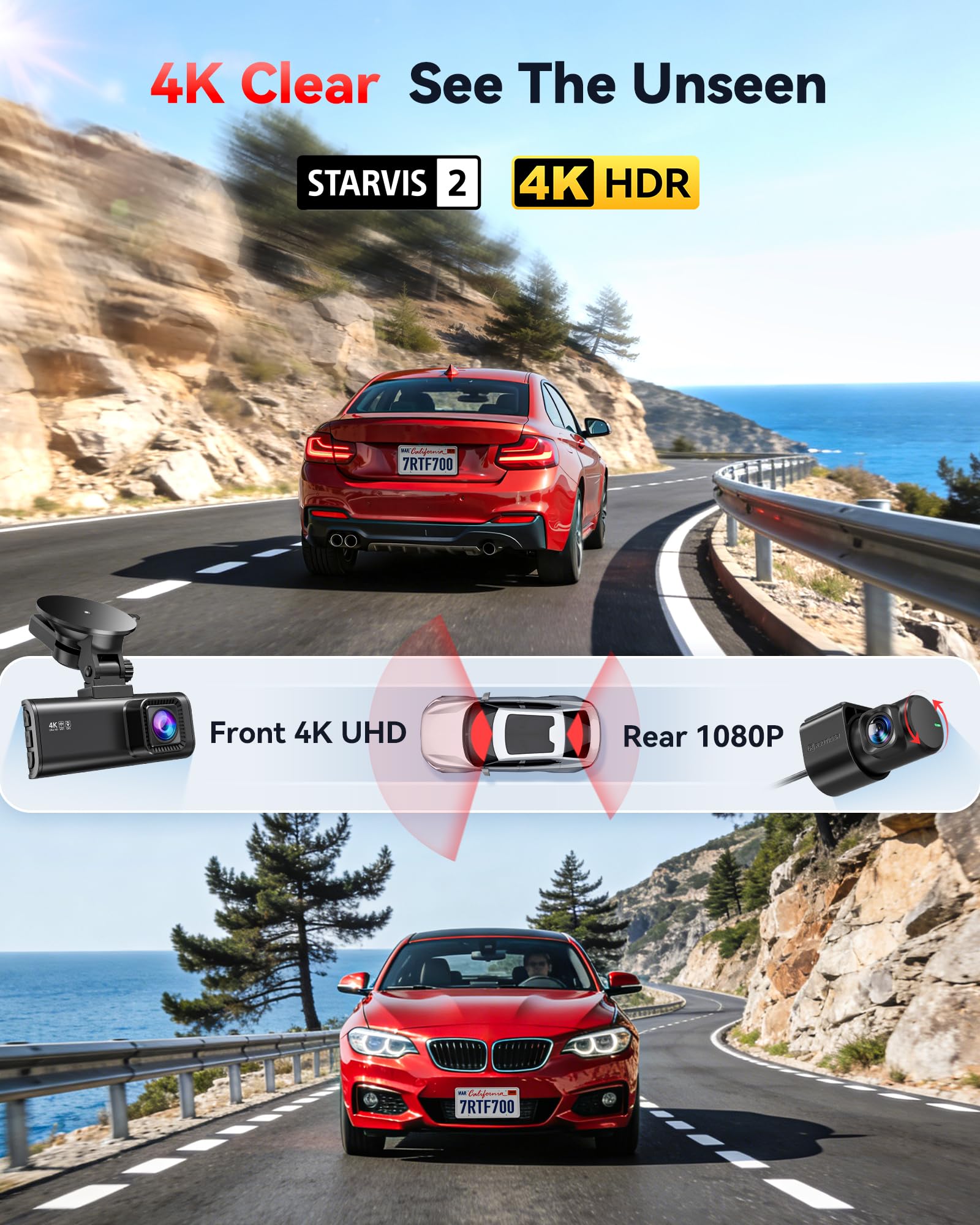 REDTIGER F7NP 4K Dash Cam Front Rear, STARVIS 2 Sensor, Free Card Included