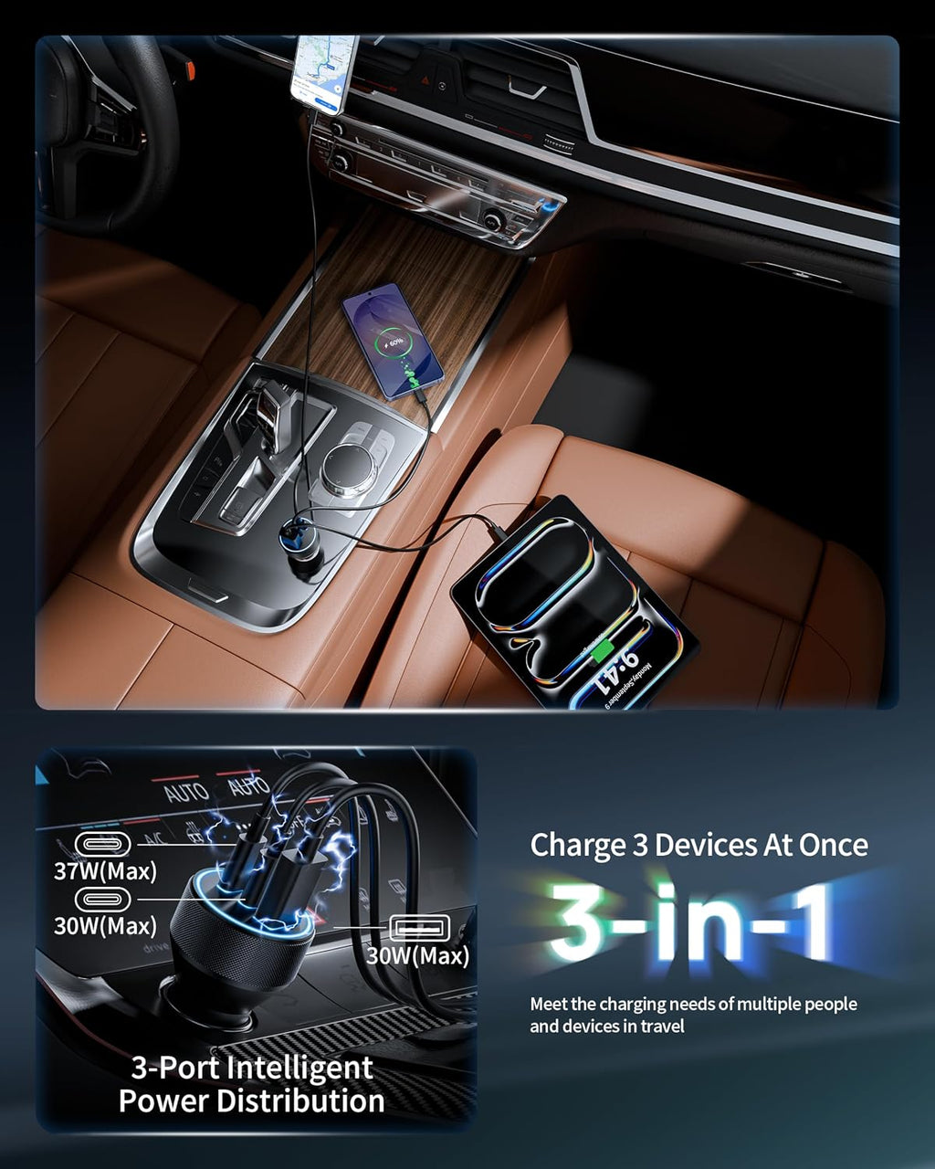 Car Charger USB C, 3 Port 67W Dual USB-C & USB-A Car Phone Charger Adapter